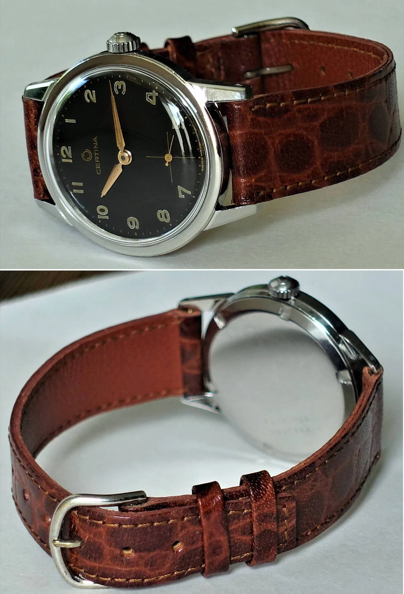 Certina Armbanduhr braun Klassische Armbanduhr mit schwarzem Zifferblatt, silberfarbenem Gehäuse und braunem Lederarmband.