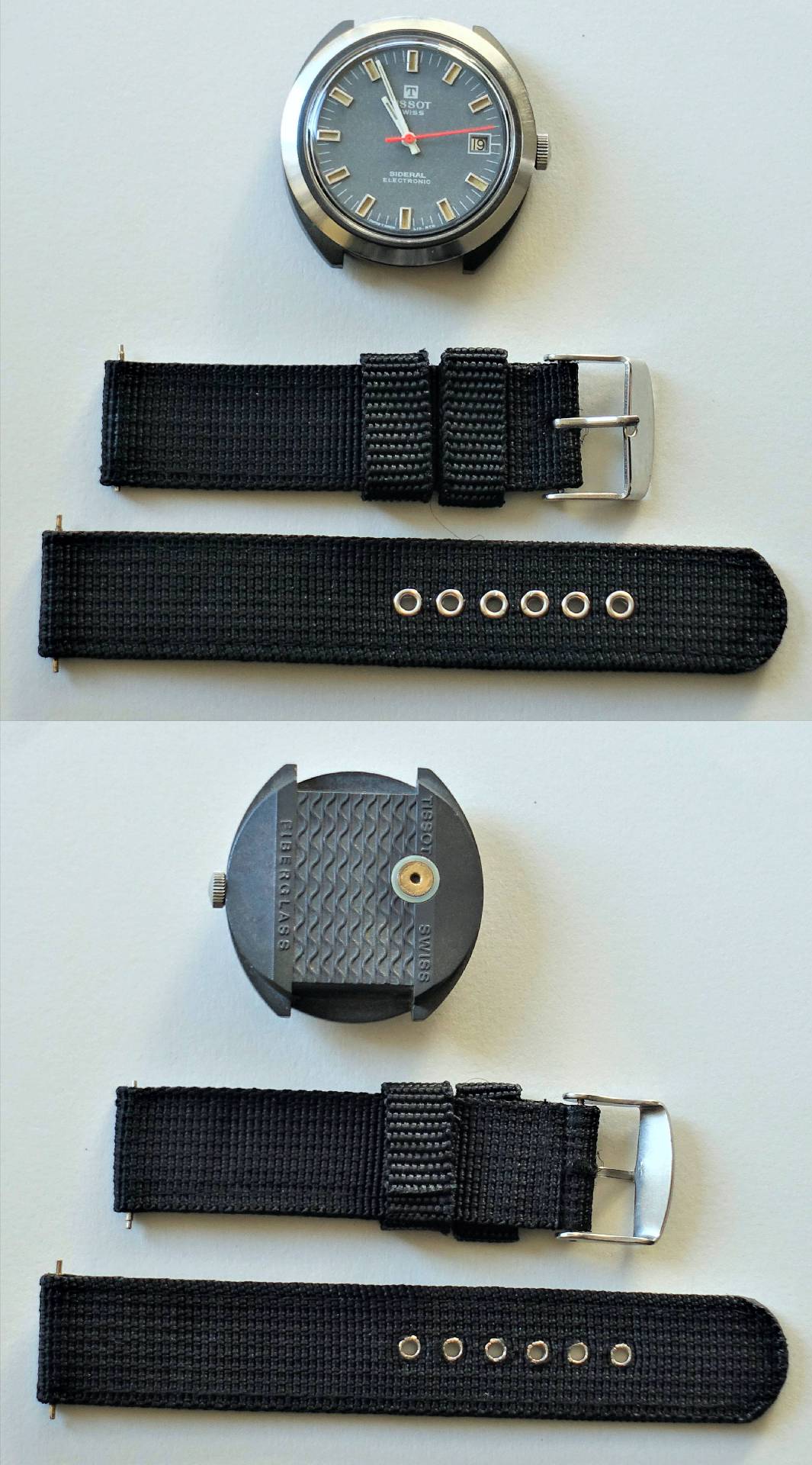 Tissot Armbanduhr mit schwarzem Textilarmband und Gehäuse.