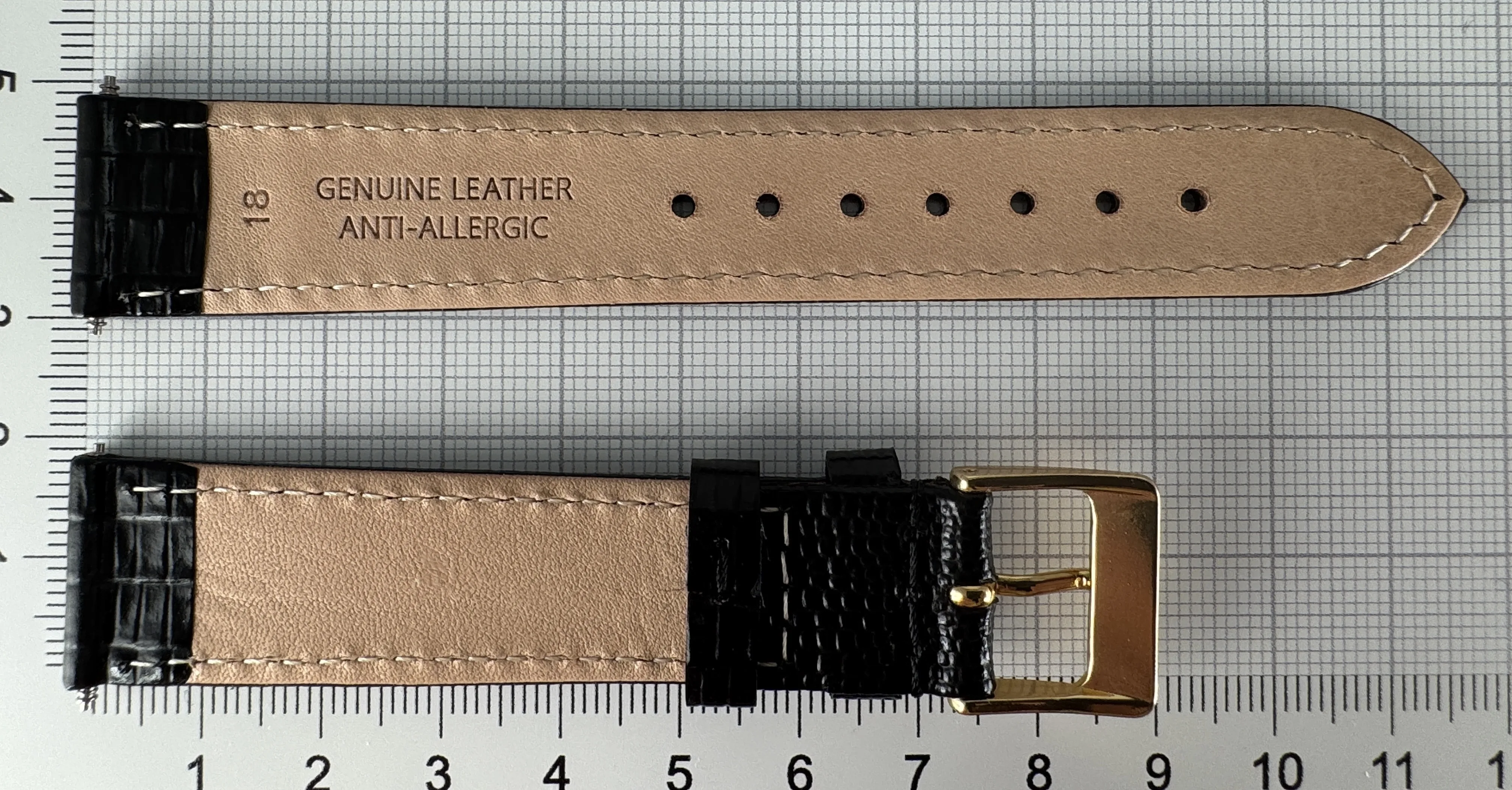 Uhrenarmband Leder 18mm schwarz - Kalbsleder mit Eidechsenstruktur - 16mm vergoldet