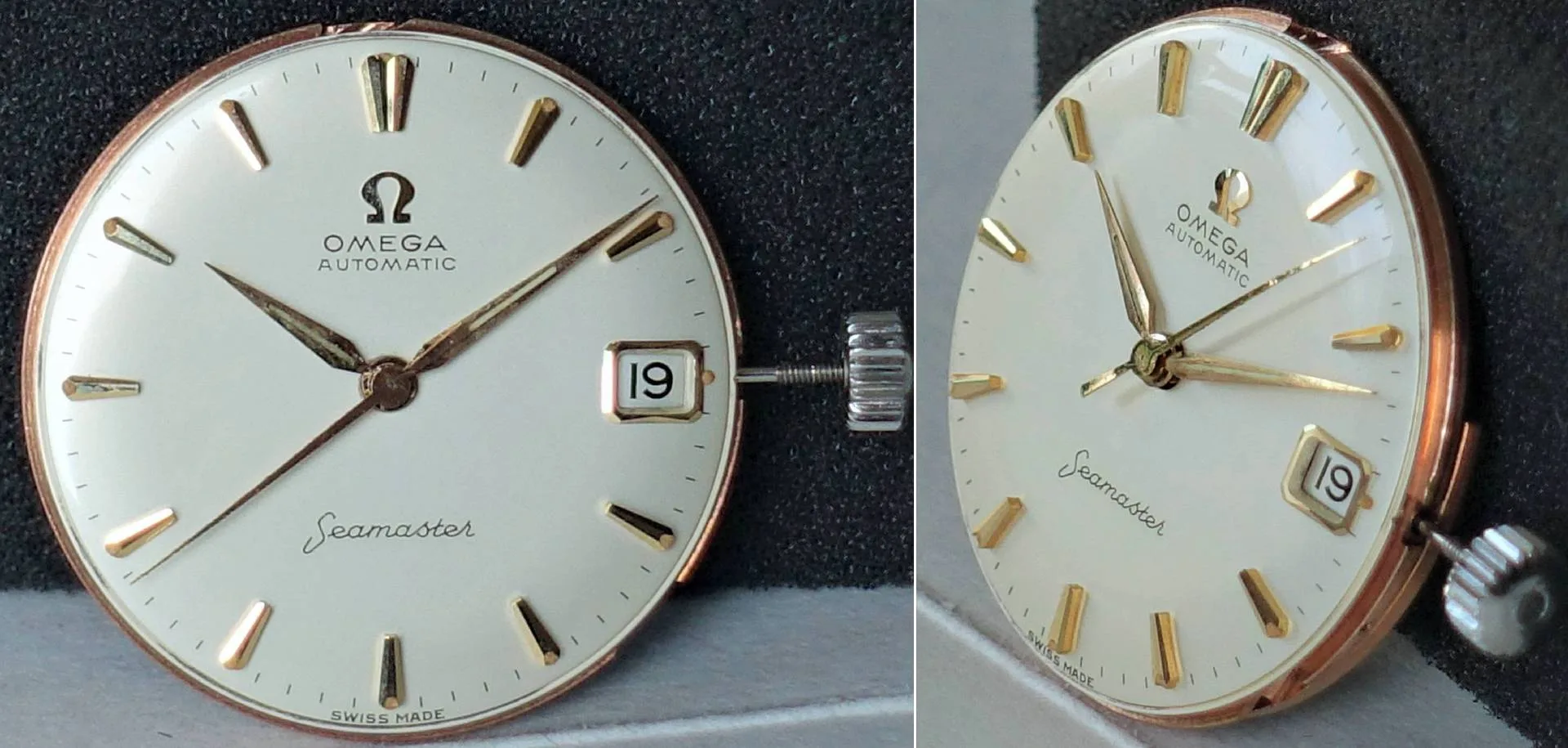 Omega Seamaster Zifferblatt Weißes Zifferblatt mit goldfarbenen Indizes und Zeigern, Datumsanzeige und silberfarbener Krone.
