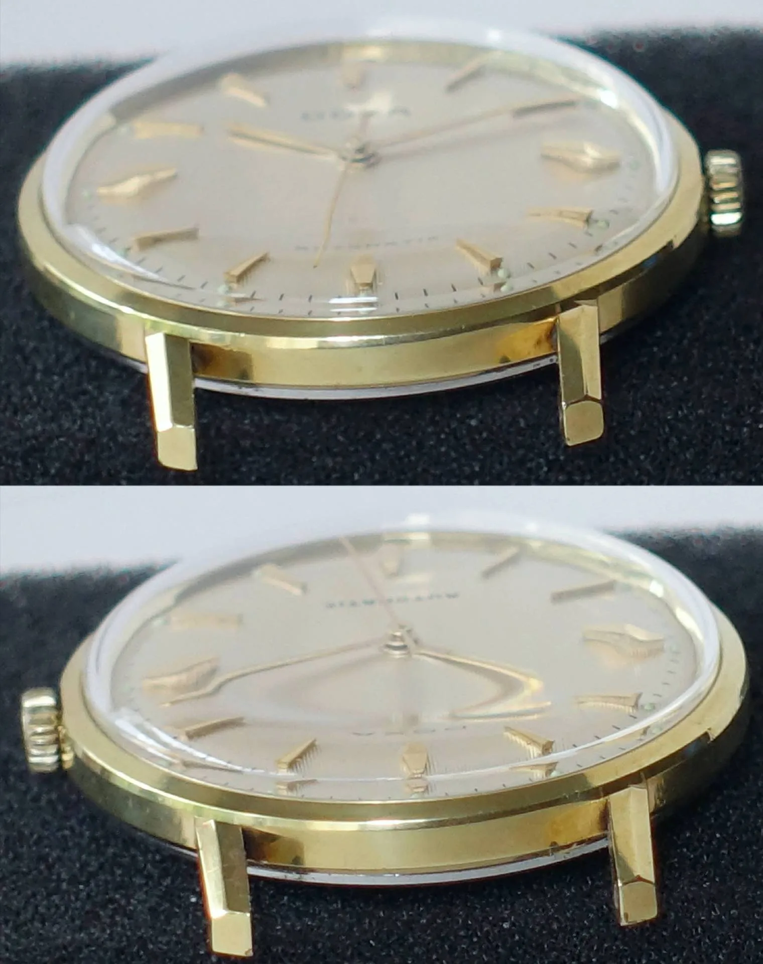 Flache Armbanduhr mit goldfarbenem Gehäuse und hellem Zifferblatt ohne Armband.