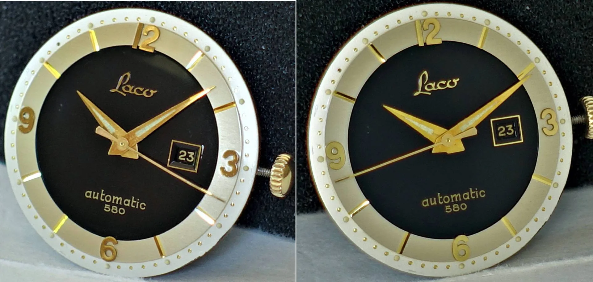 Schwarzes Laco Automatik-Uhrwerk mit goldfarbenen Zeigern, goldenen Ziffern und Datumsanzeige.