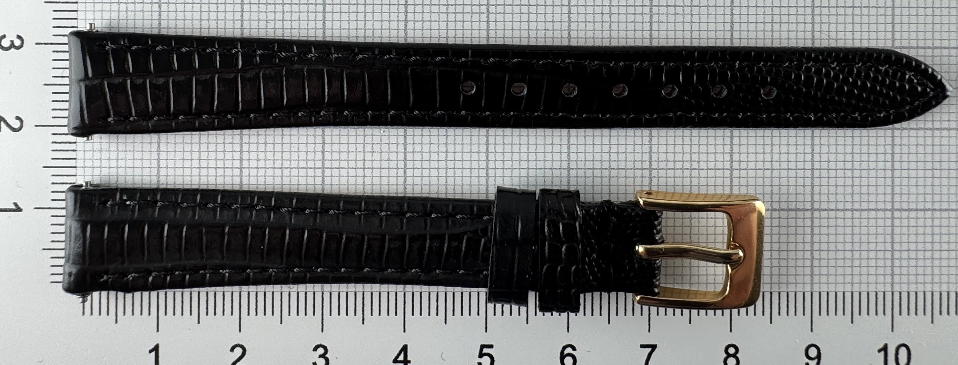 Uhrenarmband Leder 12mm schwarz gold Eidechsenstruktur Uhrenarmband Leder 12mm schwarz gold Eidechsenstruktur