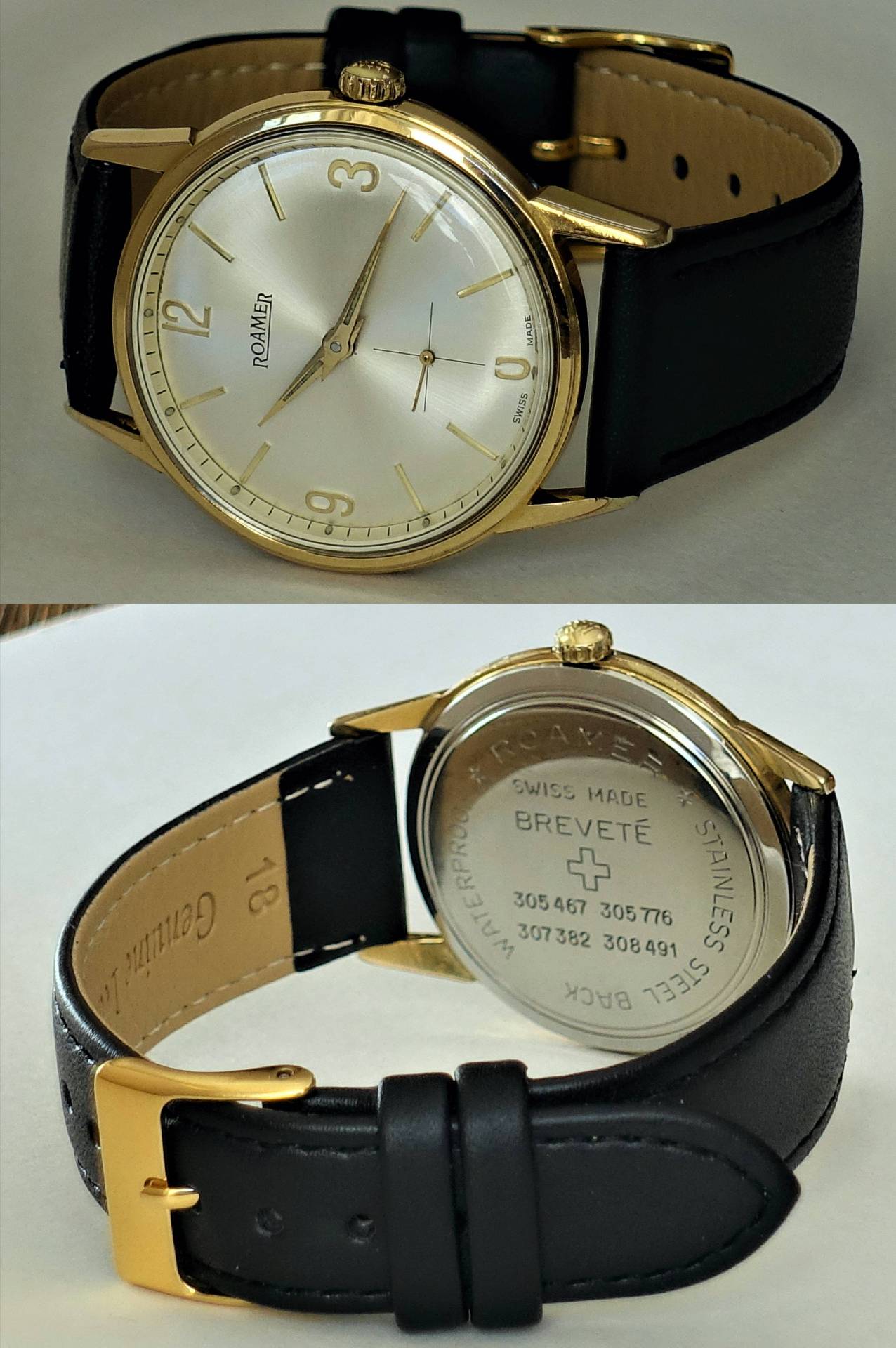 Goldfarbene Armbanduhr mit hellem Zifferblatt und schwarzem Armband.