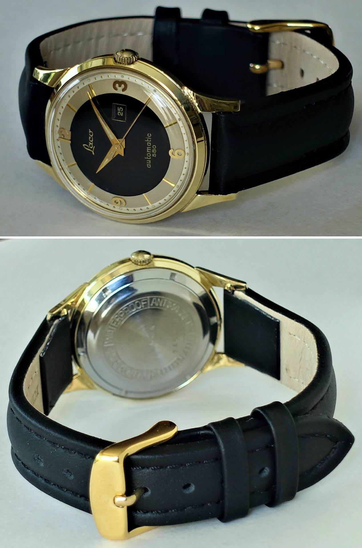 Schwarze und goldfarbene Armbanduhr mit Lederarmband und Datumsanzeige.