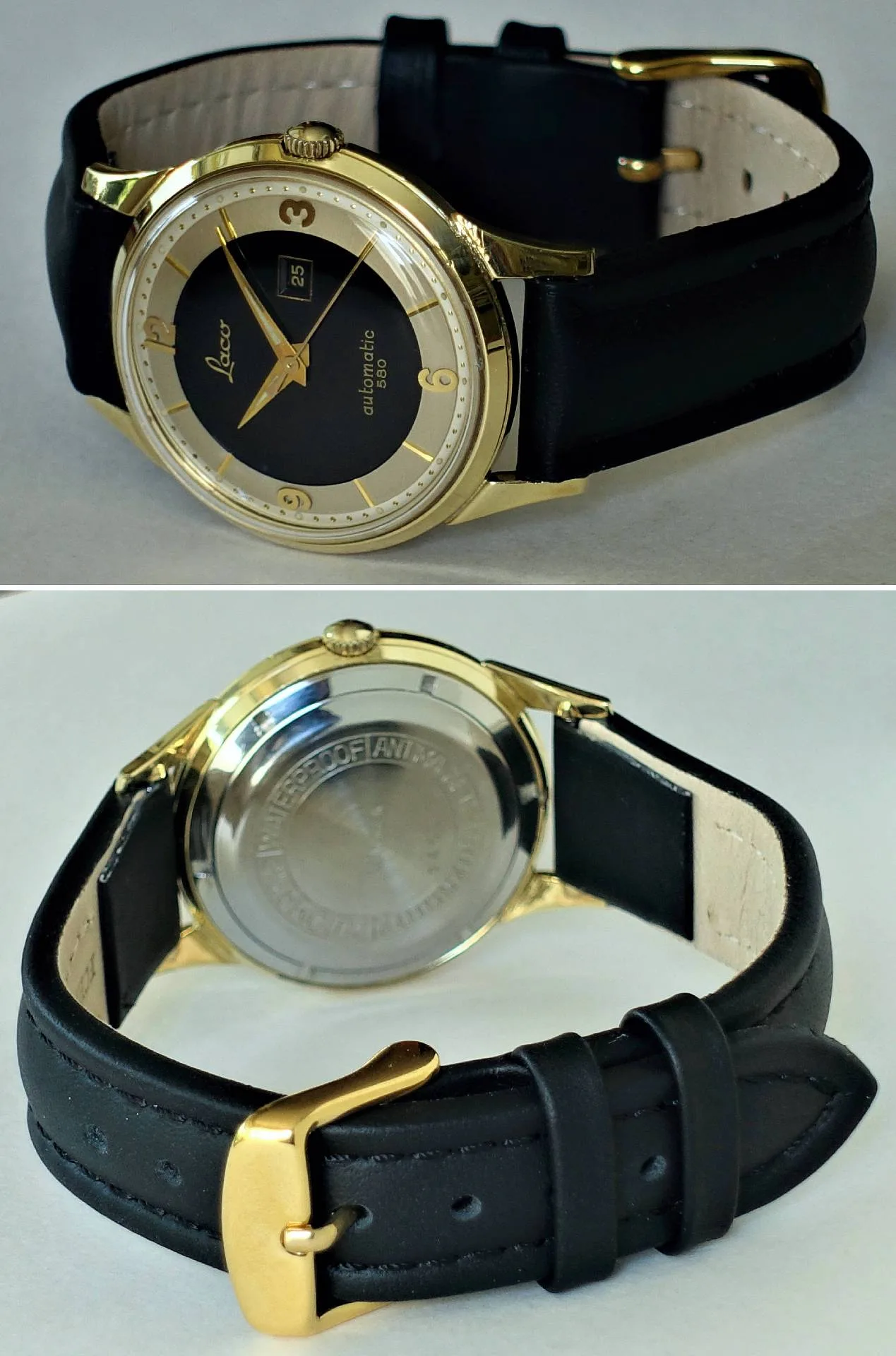 Laco Automatik Armbanduhr Schwarze und goldfarbene Armbanduhr mit Lederarmband und Datumsanzeige.