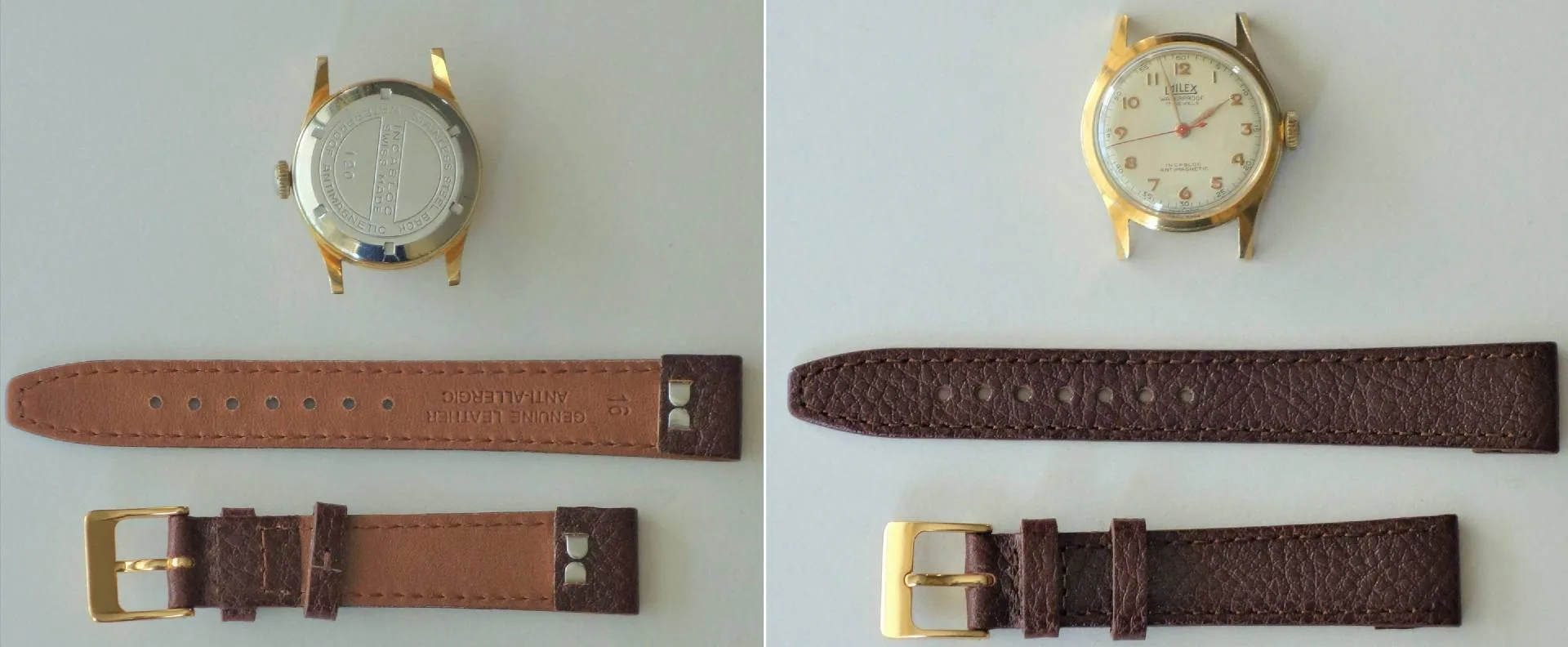 Lillex Armbanduhr goldfarben Goldfarbene Lillex Armbanduhr mit hellem Zifferblatt und braunem Lederarmband in Einzelteilen.