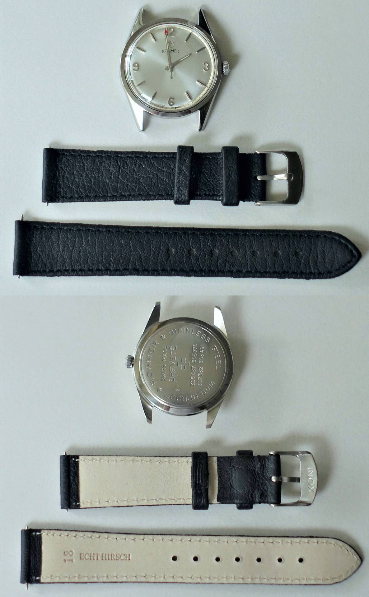 Silberfarbene Armbanduhr mit hellem Zifferblatt und schwarzem Lederarmband, Rückseite mit Gravur sichtbar.