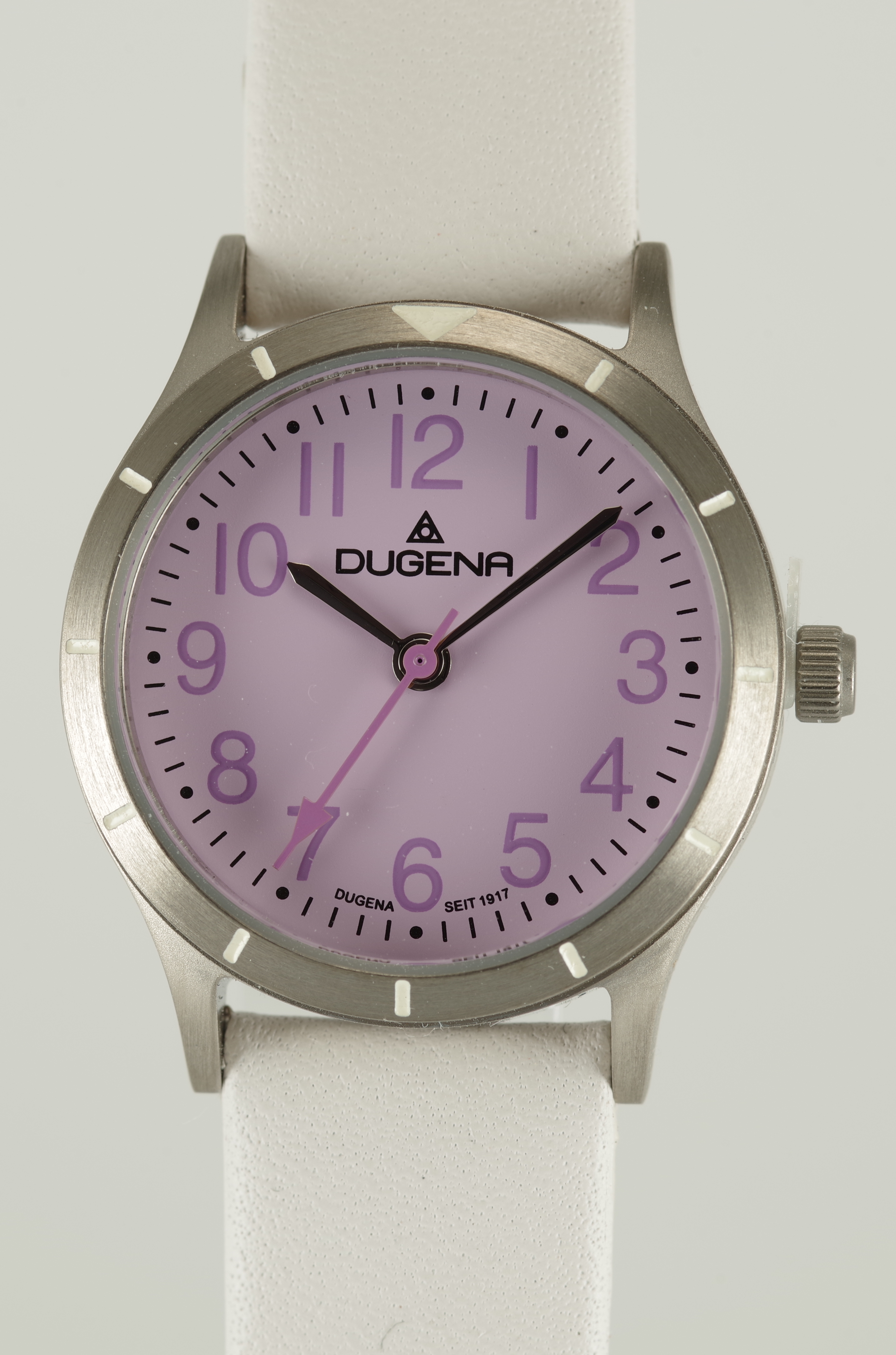 Feminine Dugena Armbanduhr Quartz Titan Mineralglas Kalbsleder Lila Weiss