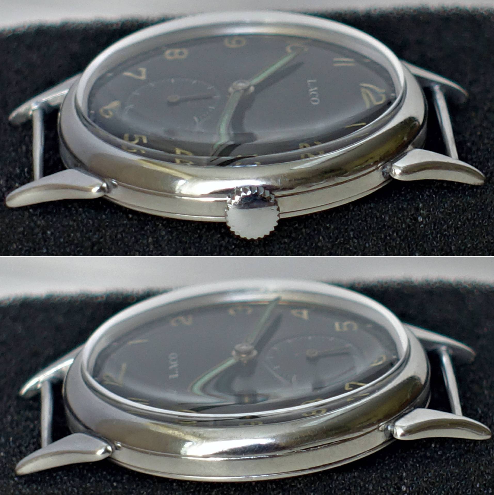 Silberfarbene Armbanduhr mit schwarzem Zifferblatt und arabischen Ziffern.