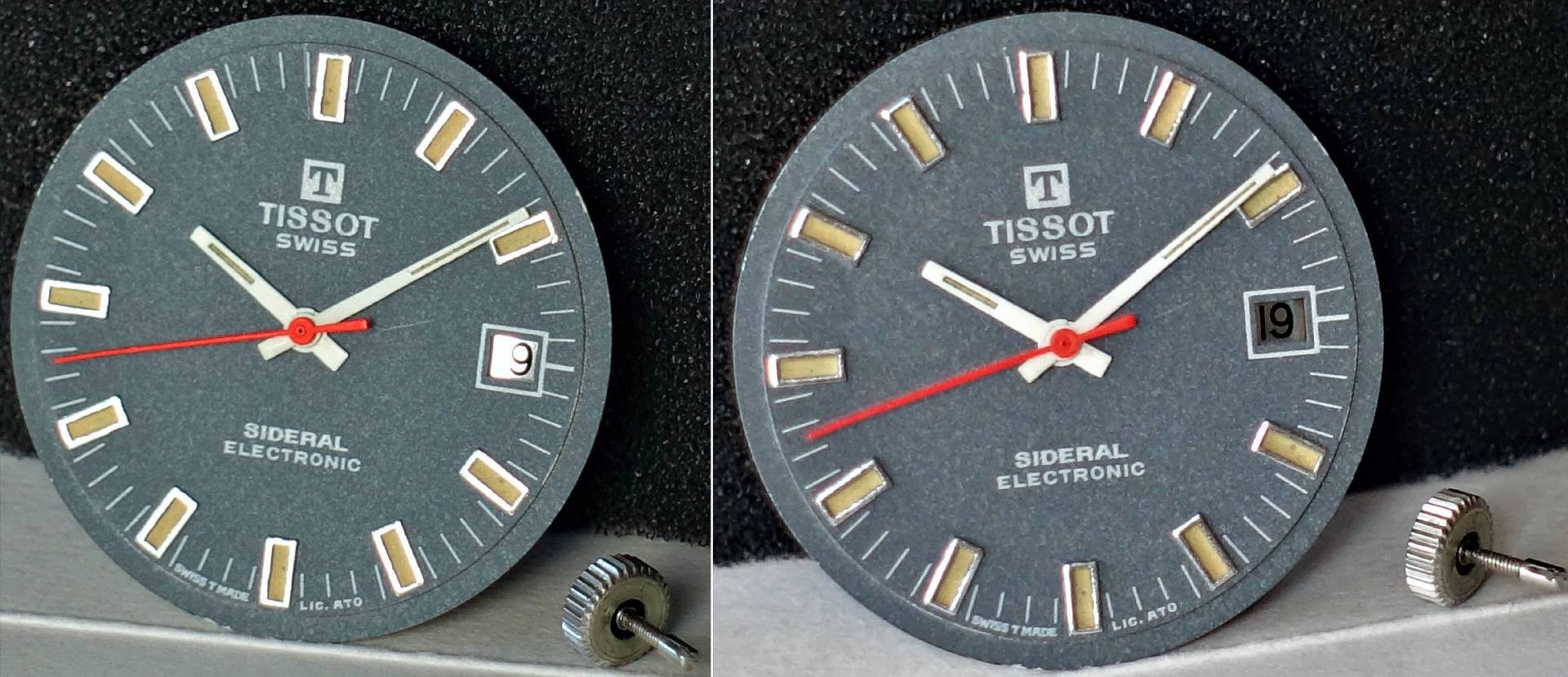 Nahaufnahme von zwei Tissot Sideral Electronic Zifferblättern, eines zeigt den 9., das andere den 19. Tag, mit roten Sekundenzeigern und goldenen Stundenmarkierungen.
