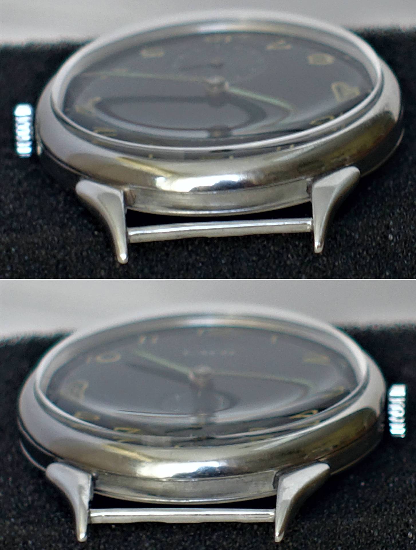 Silberfarbene Armbanduhr mit schwarzem Zifferblatt und gelben Zahlen, ohne Armband.