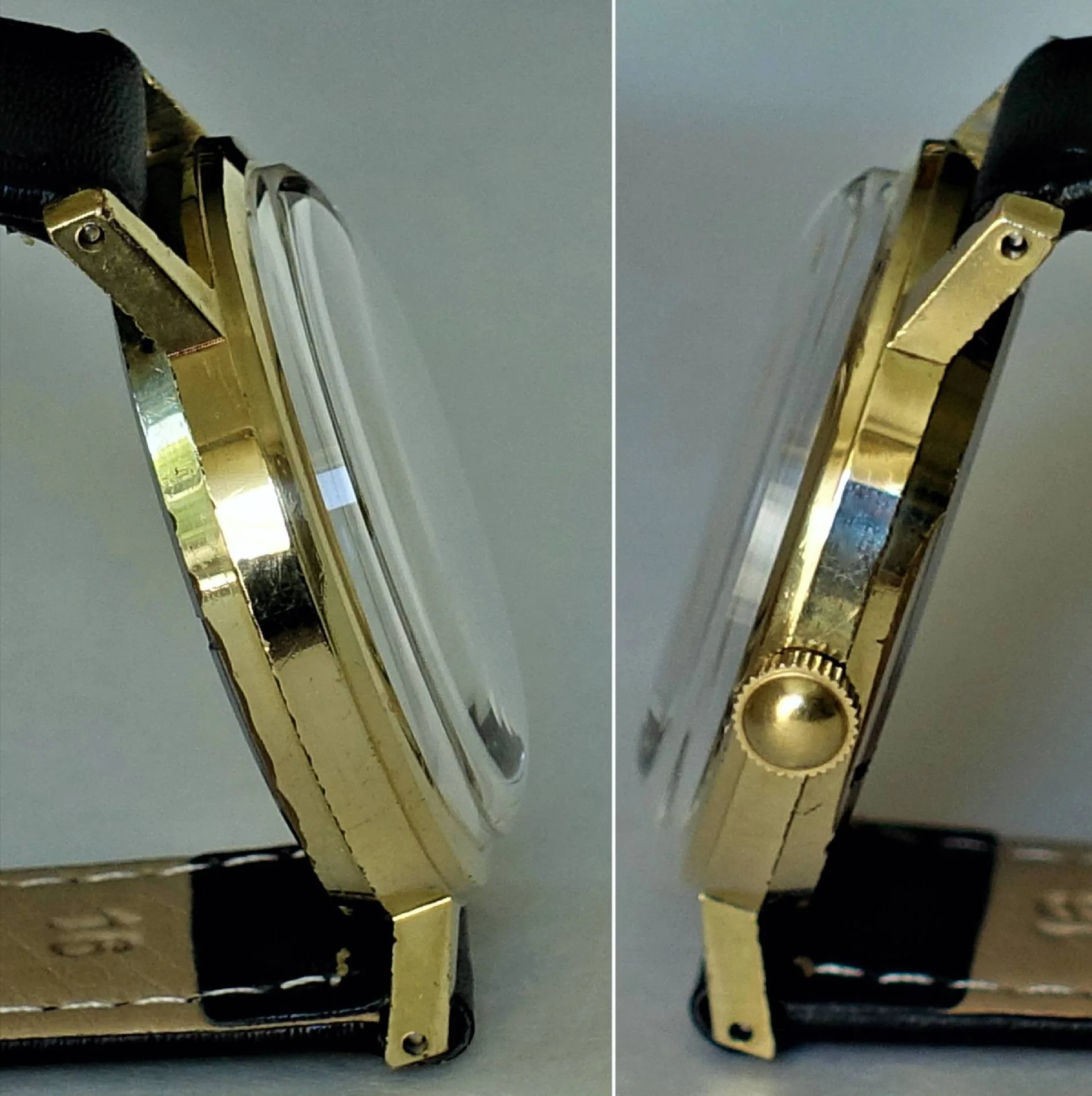 Goldfarbene Armbanduhr mit schwarzem Lederarmband und gewölbtem Uhrglas, seitlich fotografiert.