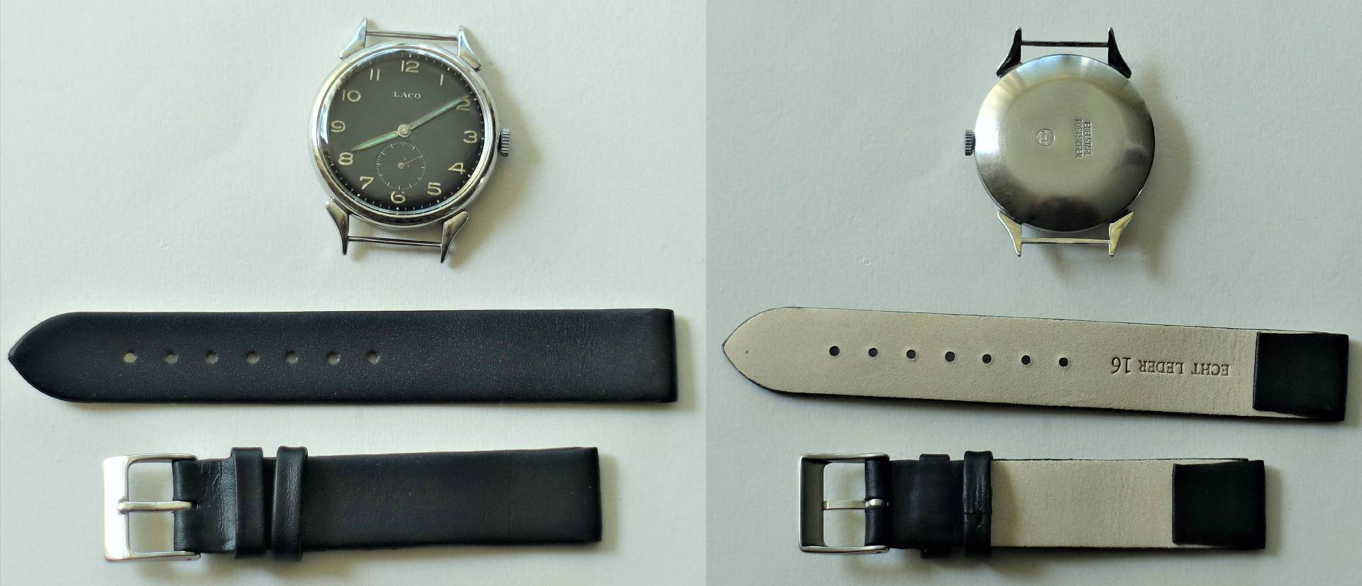 Silberfarbene Armbanduhr mit schwarzem Zifferblatt und schwarzem Lederarmband, Vorder- und Rückseite abgebildet.
