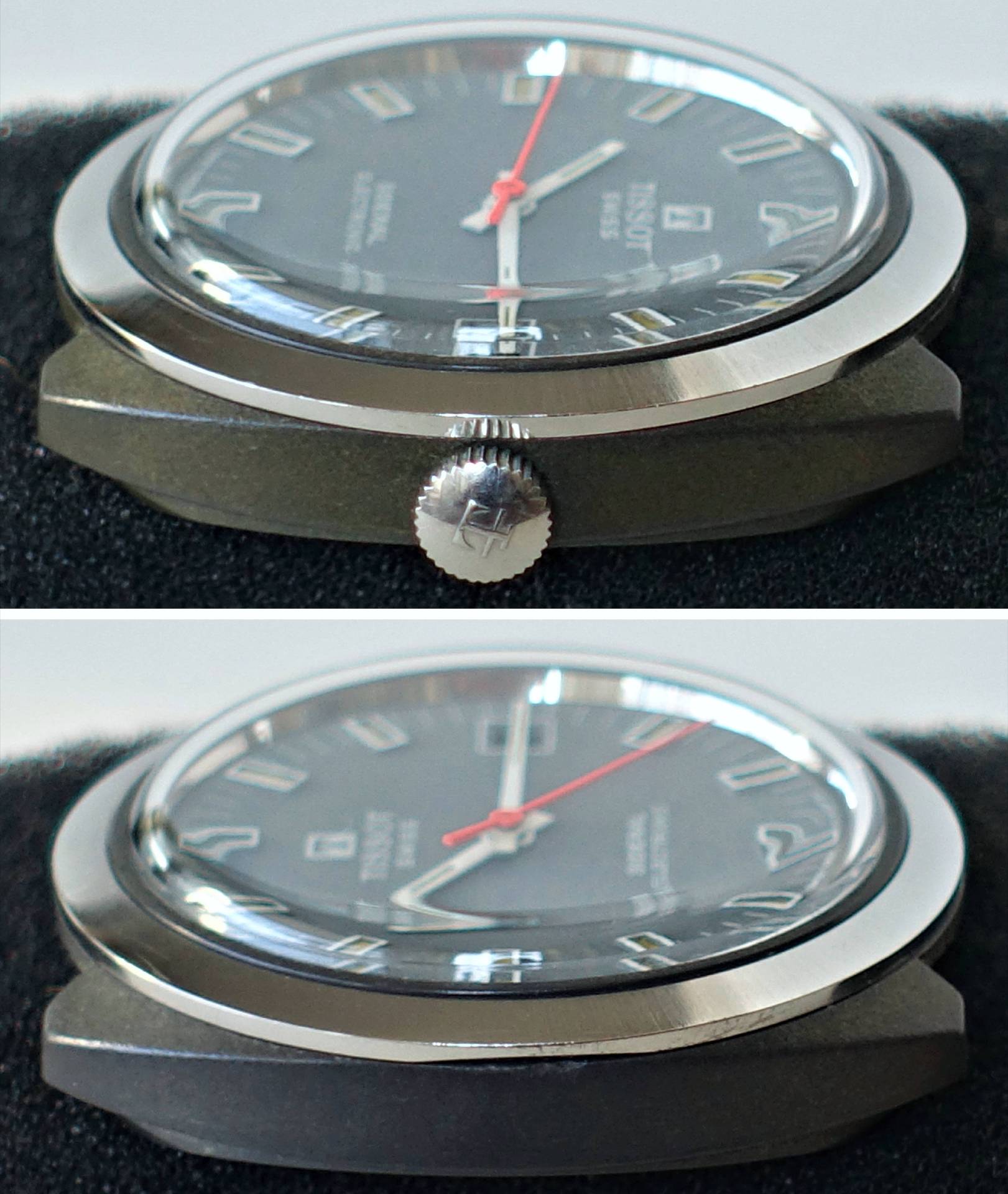 Nahaufnahme einer eleganten mechanischen Armbanduhr mit schwarzem Zifferblatt, rotem Sekundenzeiger und Metallgehäuse