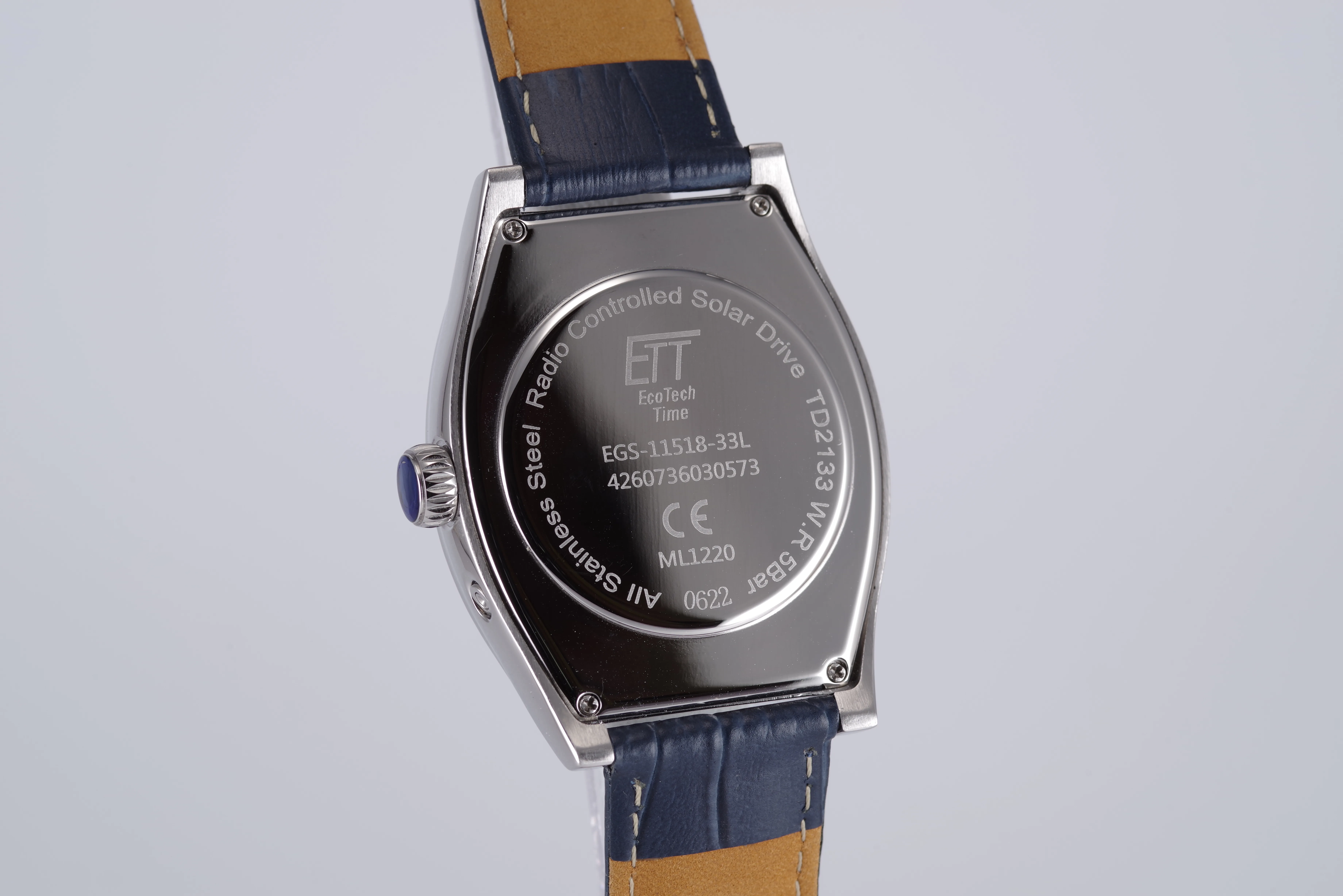 ETT Herren-Armbanduhr Funk Solar Quarz blaues Ziffernblatt silberfarbenes Gehäuse blaues Armband
