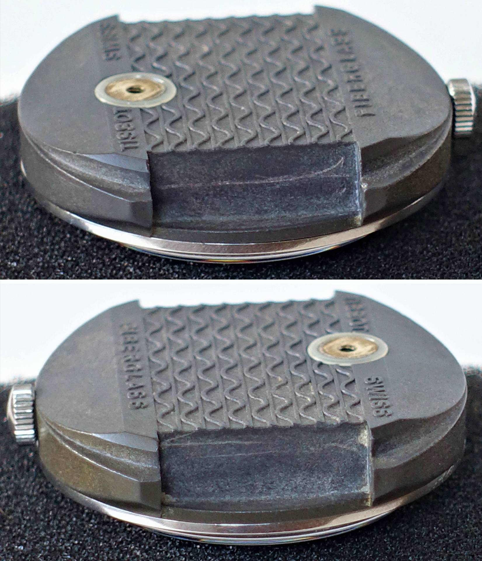 Detailansicht eines metallenen Bauteils im Vorher-Nachher Vergleich, das auf schwarzem Hintergrund liegt. Unterschiede in der Bearbeitung sind ersichtlich.