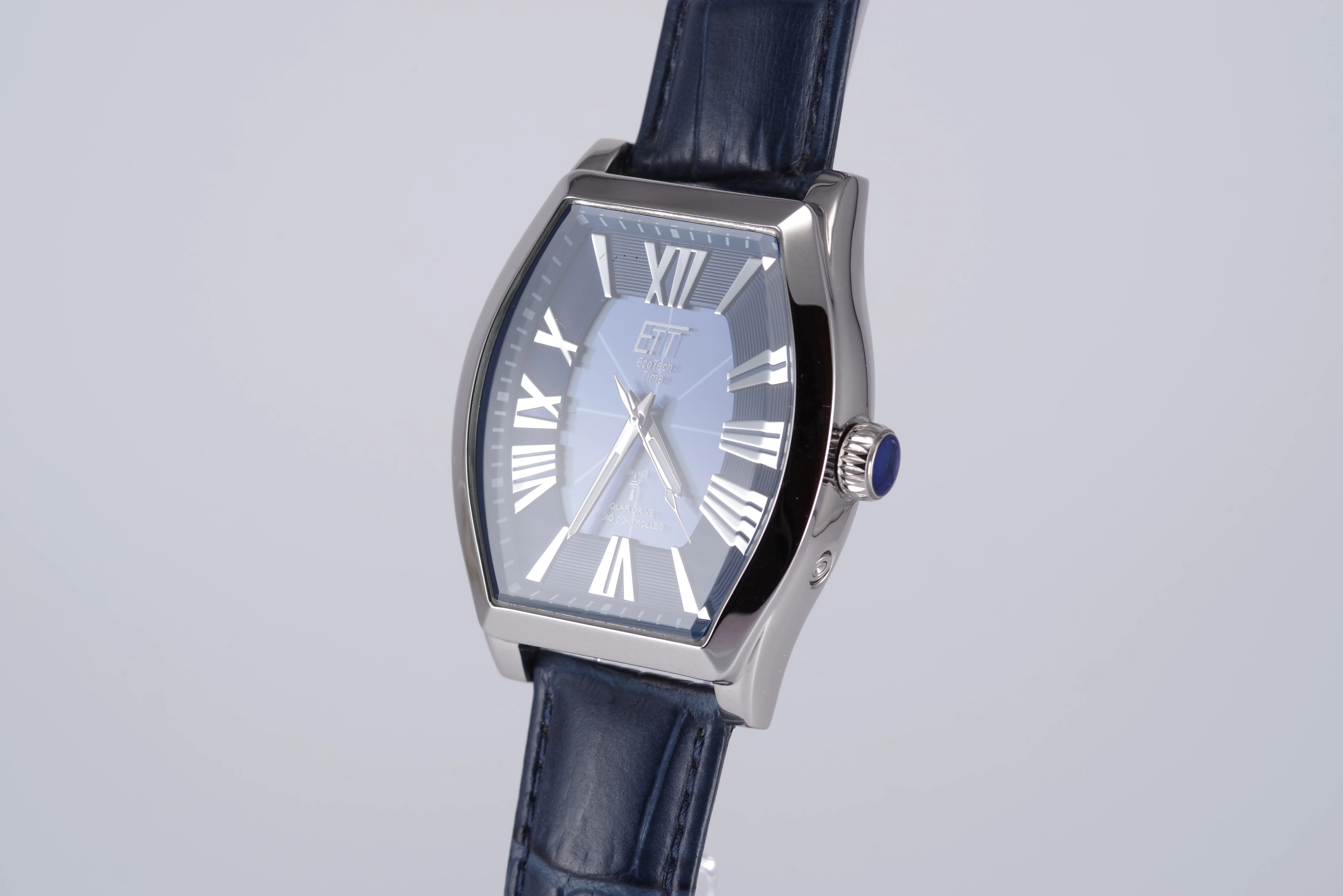 ETT Herren-Armbanduhr Funk Solar Quarz blaues Ziffernblatt silberfarbenes Gehäuse blaues Armband