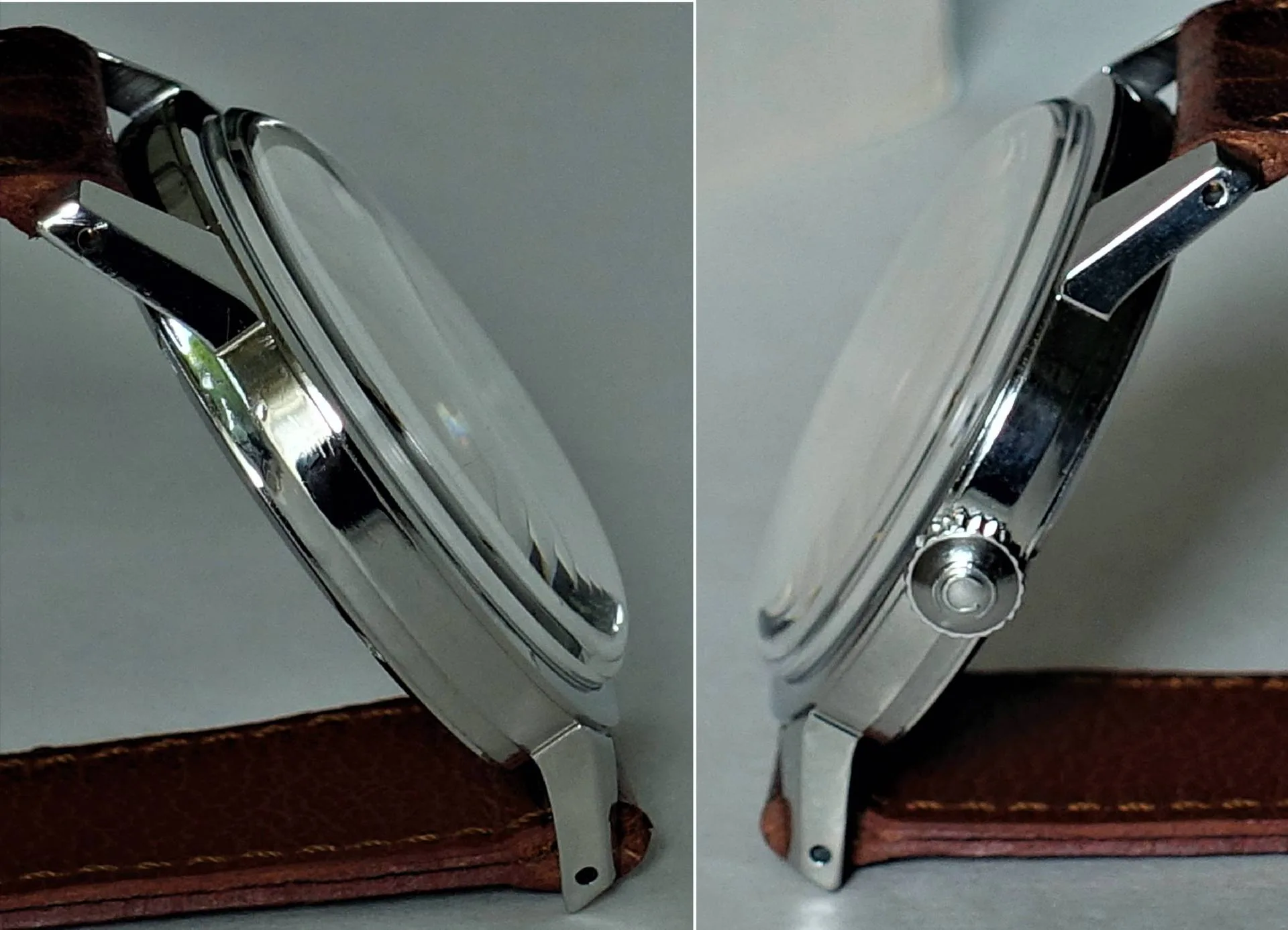 Silberfarbene Armbanduhr mit braunem Lederarmband, seitliche Ansicht des Gehäuses und der Krone.