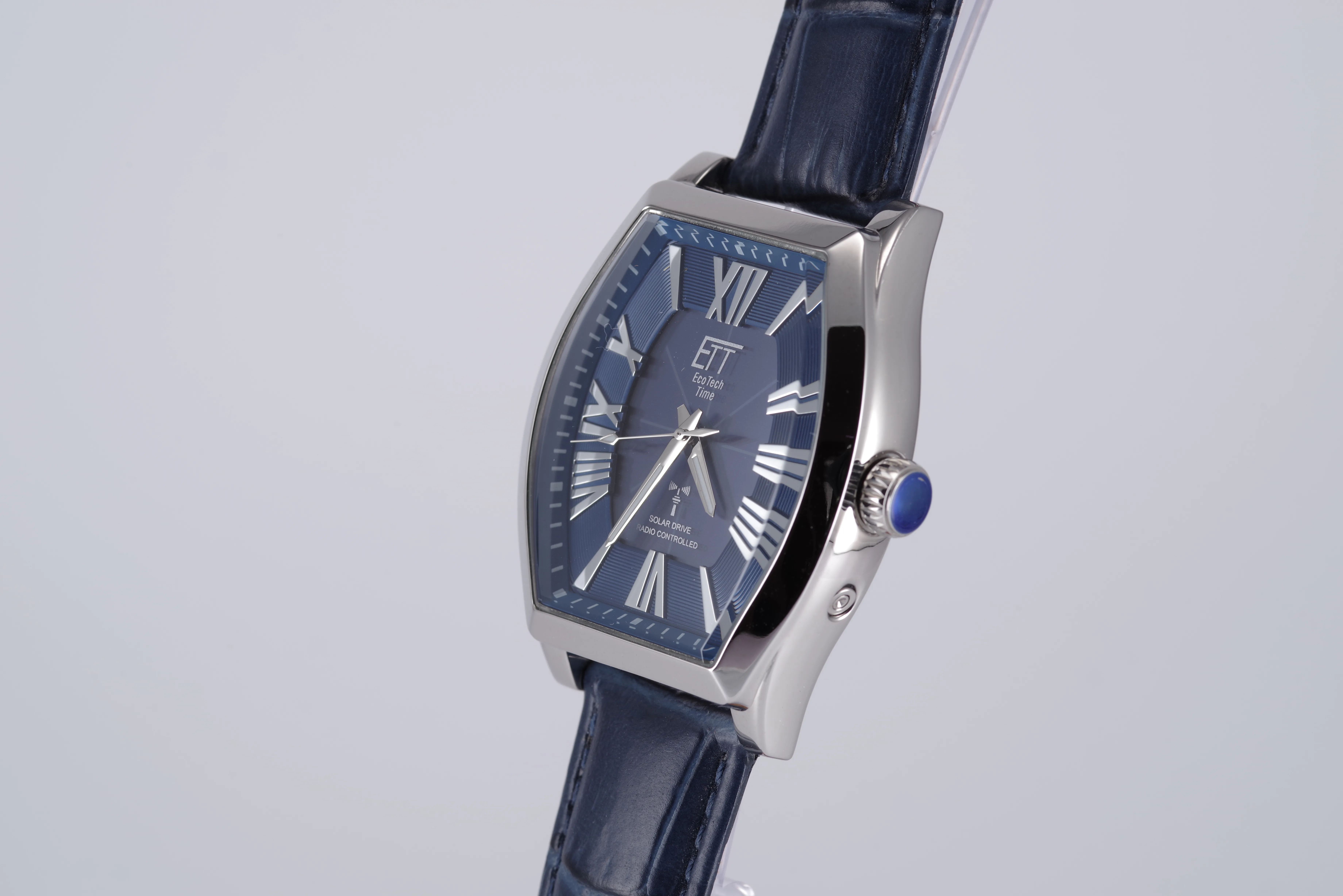 ETT Herren-Armbanduhr Funk Solar Quarz blaues Ziffernblatt silberfarbenes Gehäuse blaues Armband