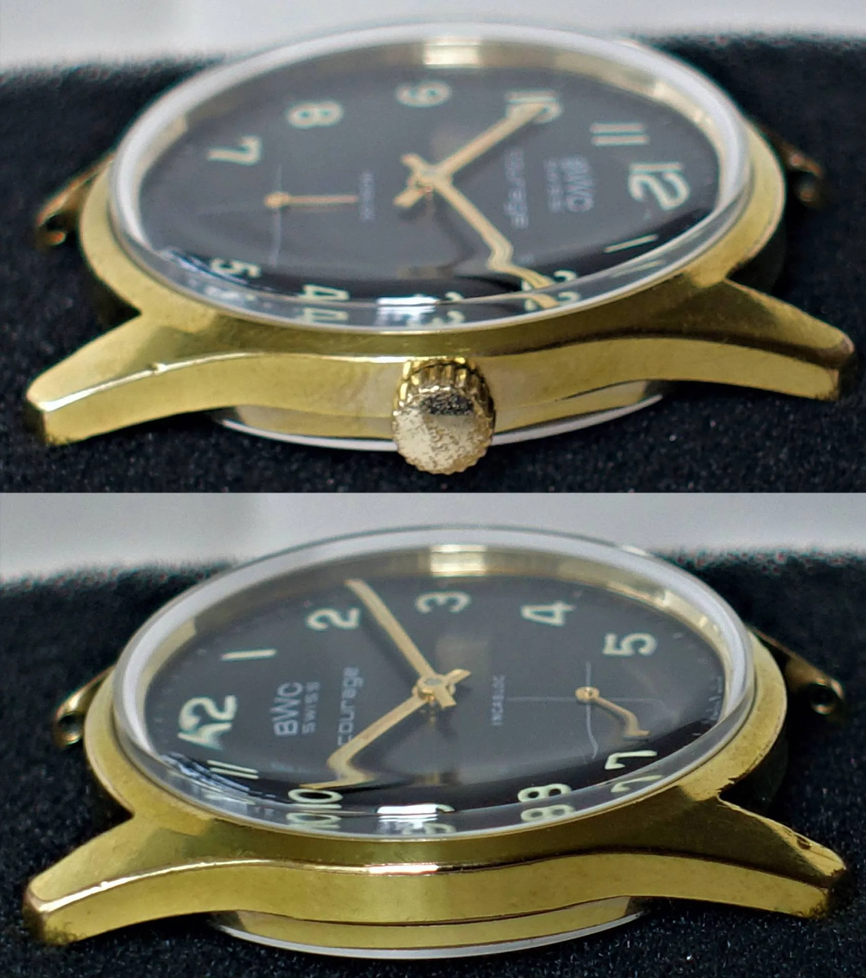Schwarze Armbanduhr mit goldfarbenem Gehäuse und Leuchtzeigern.