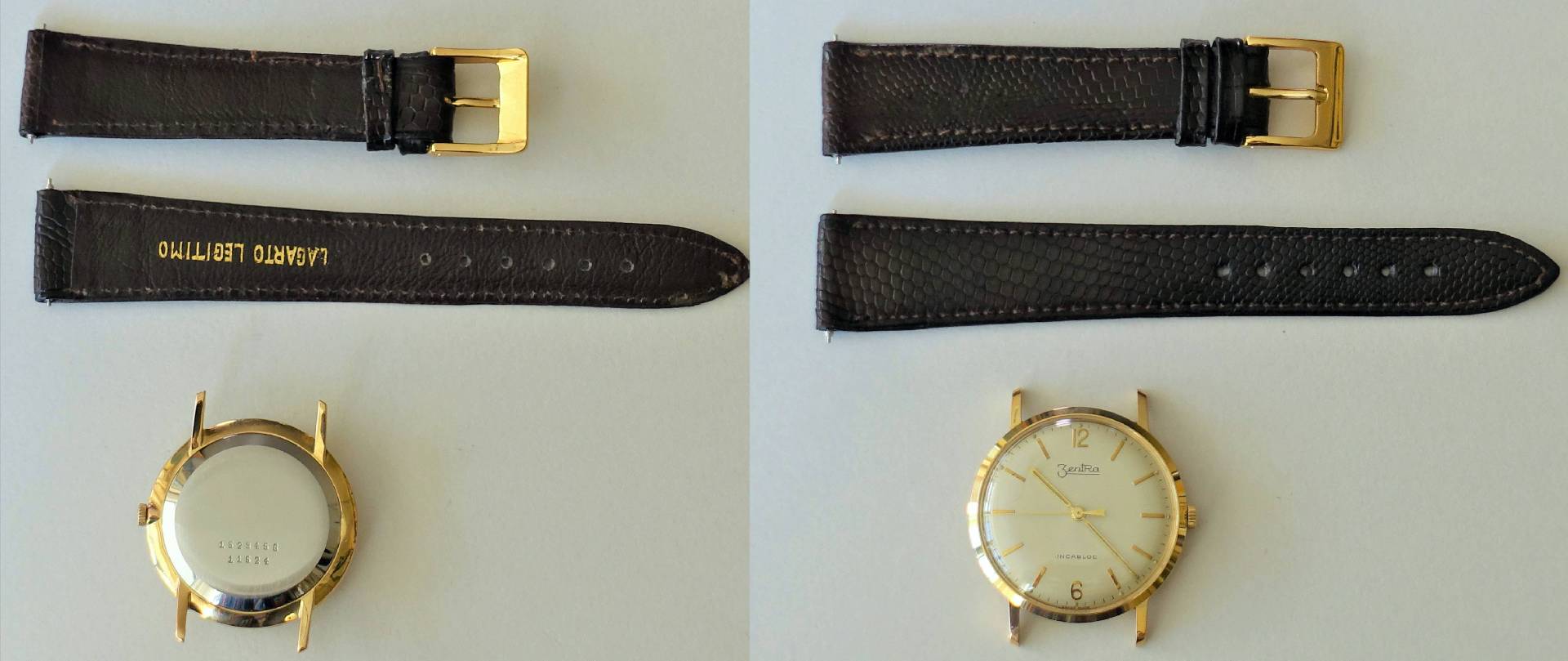 Zerlegte Armbanduhr mit goldfarbenem Gehäuse und braunem Armband aus Leder.
