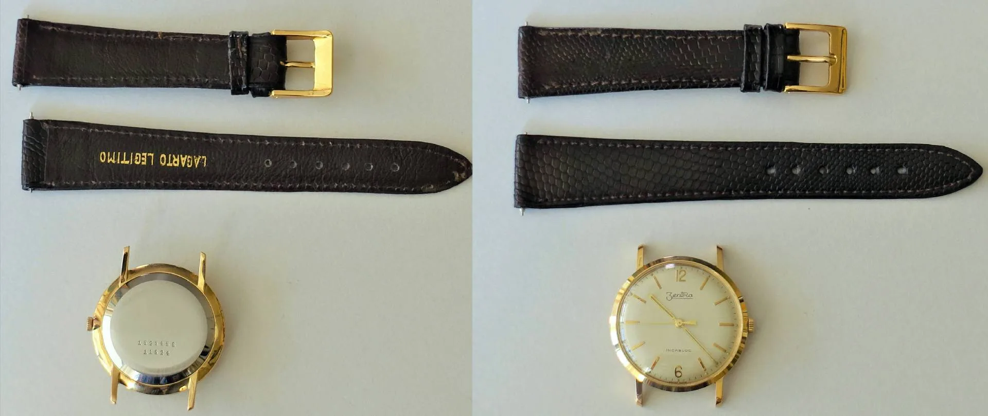 Zerlegte Armbanduhr mit goldfarbenem Gehäuse und braunem Armband aus Leder.